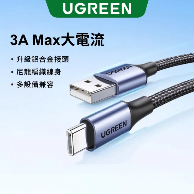 【綠聯】【綠聯】USB-A to Type-C 快充傳輸線 Aluminum BRAID 3M 銀色(A-C快充線/編織線/UGREEN)