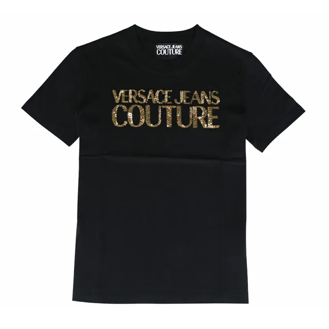 【VERSACE 凡賽斯】VERSACE JEANS 內布標白字LOGO純綿亮片字母設計短袖T恤(女款/黑)