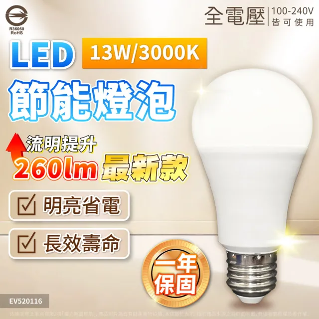 【Everlight 億光】10入 2026最新款 LED 13W 高光效 最新戰鬥版 全電壓 球泡燈 E27燈泡(黃光/自然光/白光)