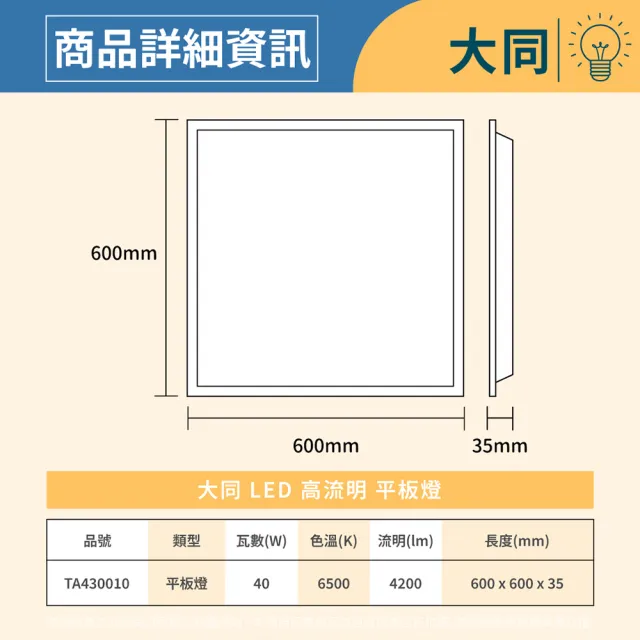 【TATUNG 大同】6入 LED 40W 平板燈 高亮度 2x2尺 直下式 輕鋼架燈 光板燈 (自然光/白光) 全電壓