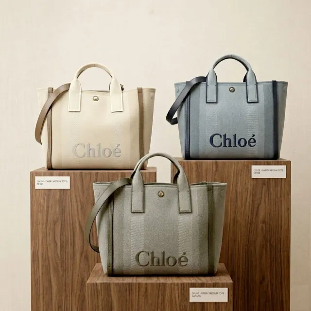 【Chloe’ 蔻依】Carry 中型 灰藍帆布手提/斜背托特包-3款可選