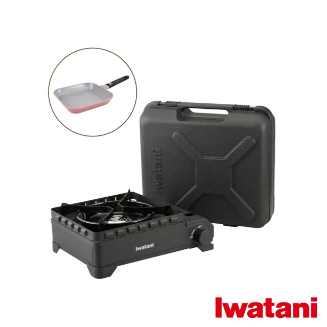 【Iwatani 岩谷】戶外防風新黑武士磁式瓦斯爐3.3kW-附收納盒-日本製+韓國28cm陶瓷不沾方型烤盤-粉色