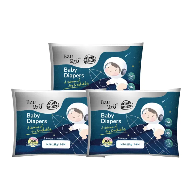 【BZU BZU】絲絨乾爽紙尿褲/尿布 試用包/旅行裝(褲型/黏貼型 3片/包）(M/L/XL/XXL)任選3包