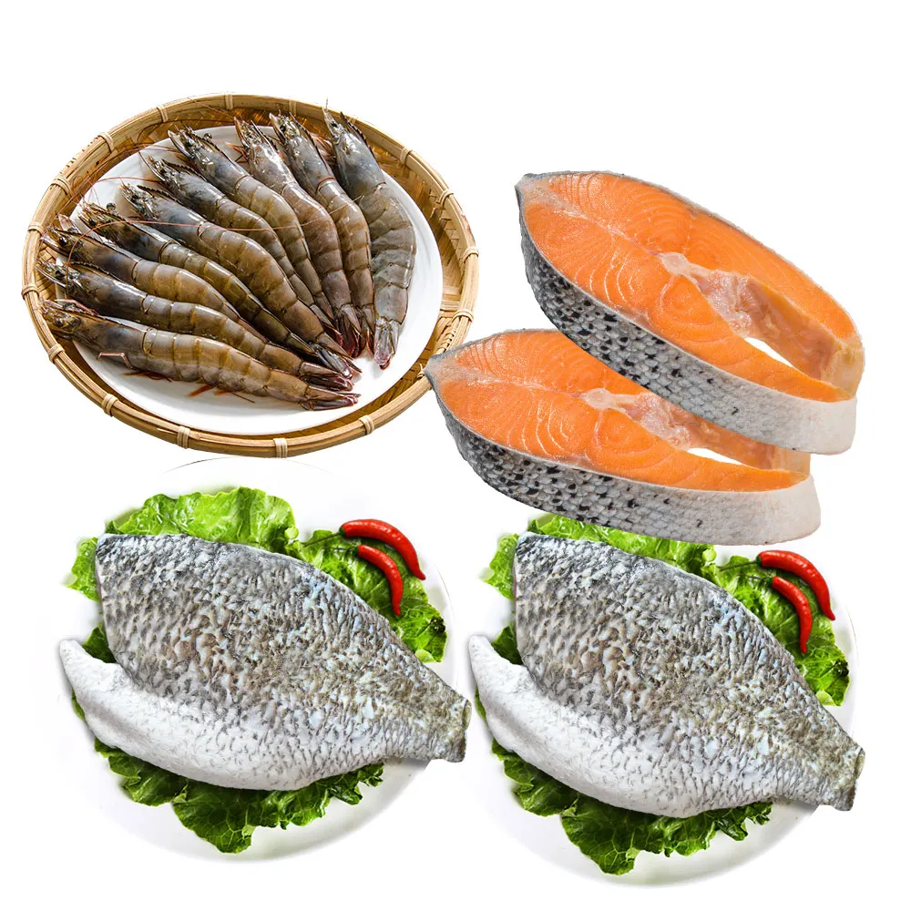 【鮮綠生活】鮮綠明星重磅海鮮5件組(白蝦蝦皇600g/盒*1盒+特厚鮭切420g/包*2包+鱸魚400-500g/包*2包)