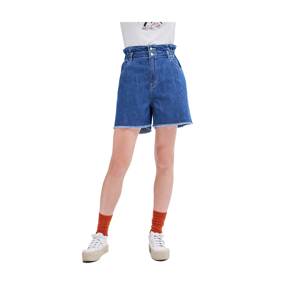 【Lee】出清品-女裝 牛仔短褲 / 荷葉高腰 鬆緊腰帶 中藍洗水(LL21011842F)