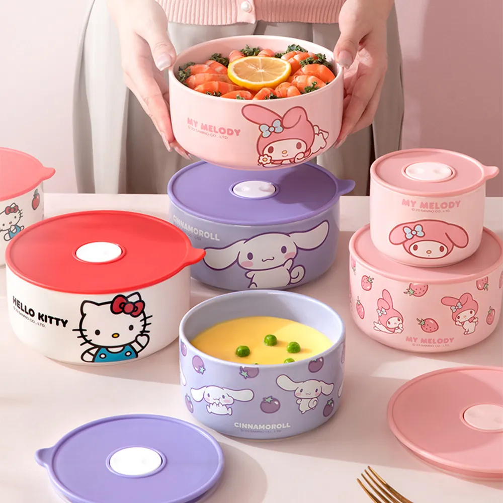 【SANRIO 三麗鷗】美樂蒂大耳狗凱蒂貓陶瓷帶蓋密封保鮮碗(小款 可微波)