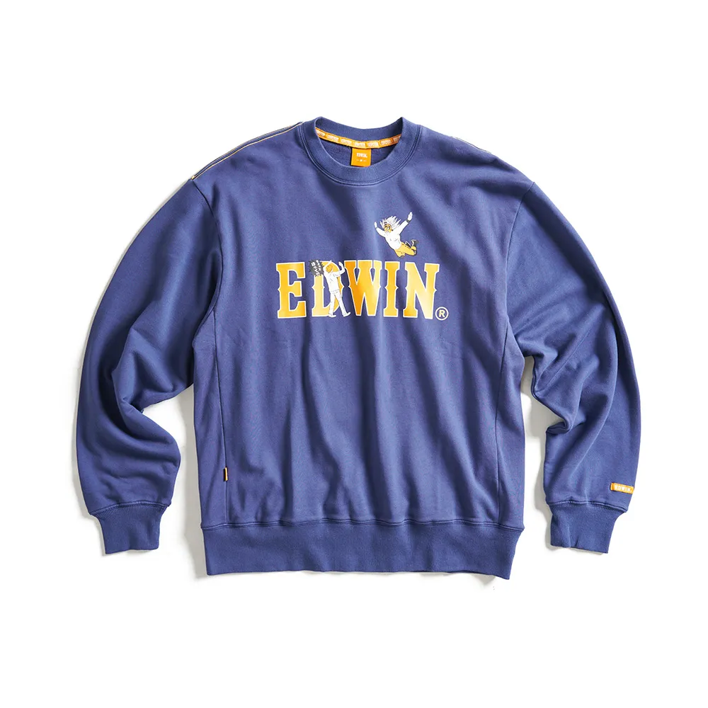 【EDWIN】男裝 橘標 摔角手E君飛撲印花LOGO寬版厚長袖T恤(灰藍色)