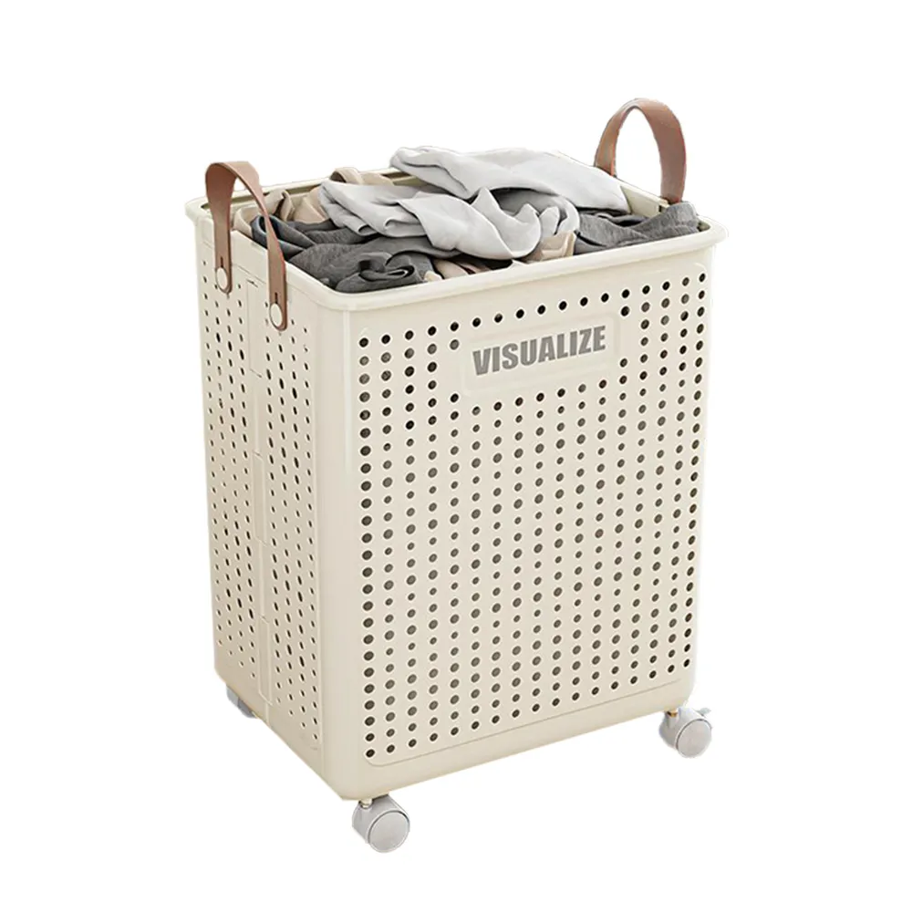 【居家cheaper】51L大容量摺疊透氣髒衣籃-附輪組LB53L-WT(洗衣籃 置物籃 菜籃 購物籃 收納籃 塑膠籃推車)