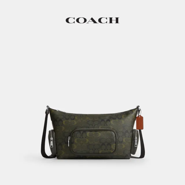 【COACH】蔻馳官方直營 FINN 經典SIGNATURE迷彩印花口袋細節斜背手袋 斜背包-銀色硬體/綠色(CET51)