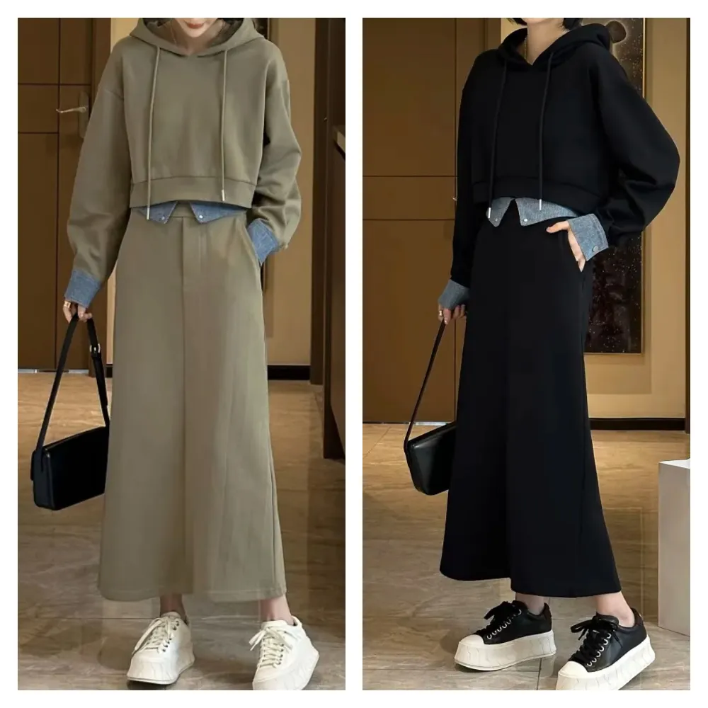【ASister 小姊姊】AS0842#中大尺碼洋裝/套裝☆*拼接牛仔*連帽抽繩外套+半身裙裙裝(2色 M-5XL)