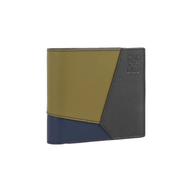 【LOEWE 羅威】Puzzle 拼色縫線小牛皮對開8卡短夾(橄欖綠/深棕)