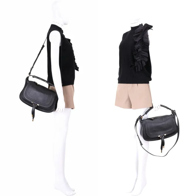 【Chloe’ 蔻依】Marcie 小款 柔軟小牛皮馬鞍縫線肩 斜背包(黑色)
