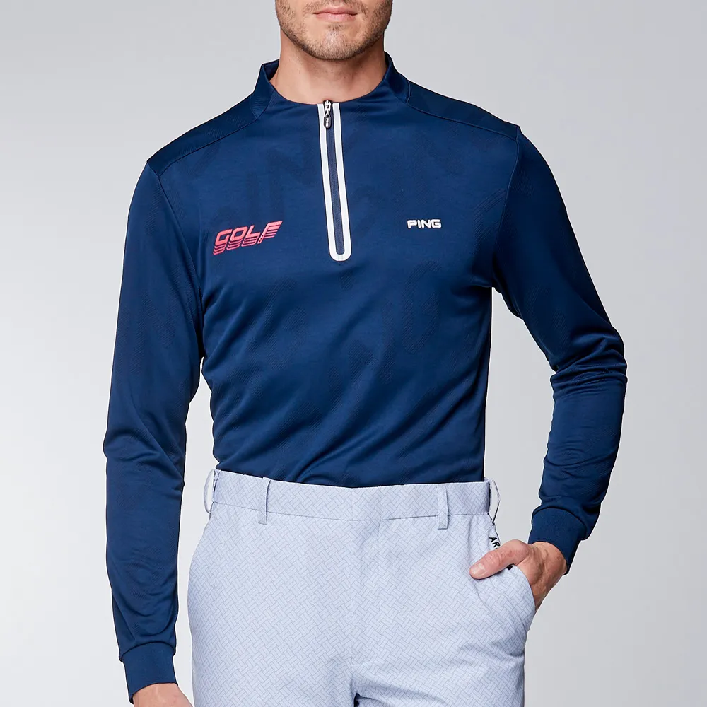 【PING】男款LOGO緹花吸濕排汗立領薄長袖POLO衫-深藍(GOLF/高爾夫球衫/PA23220-58)