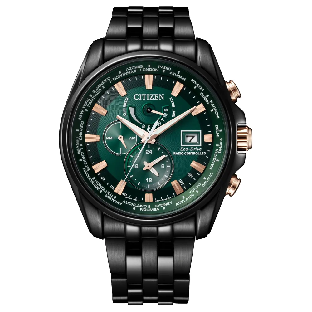 【CITIZEN 星辰】GENTS 超越無限電波光動能男錶-綠x黑/44.3mm(AT9128-87X)618 禮物