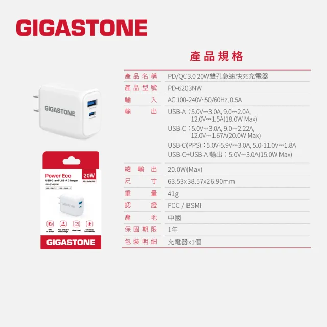 【Gigastone 立達國際】2入組 PD/QC3.0 20W雙孔急速快充充電器PD-6203NW ( iPhone/手機充電頭 )