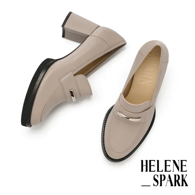 【HELENE_SPARK】復古時尚金屬長釦胎牛皮樂福美型高跟鞋(可可)