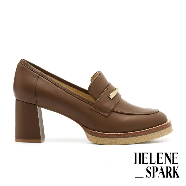 【HELENE_SPARK】復古時尚金屬長釦胎牛皮樂福美型高跟鞋(棕)