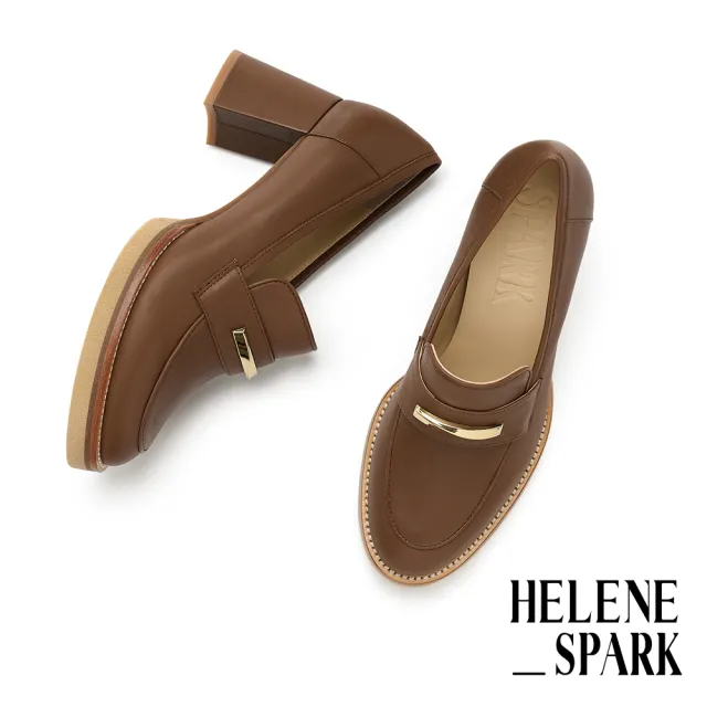 【HELENE_SPARK】復古時尚金屬長釦胎牛皮樂福美型高跟鞋(棕)