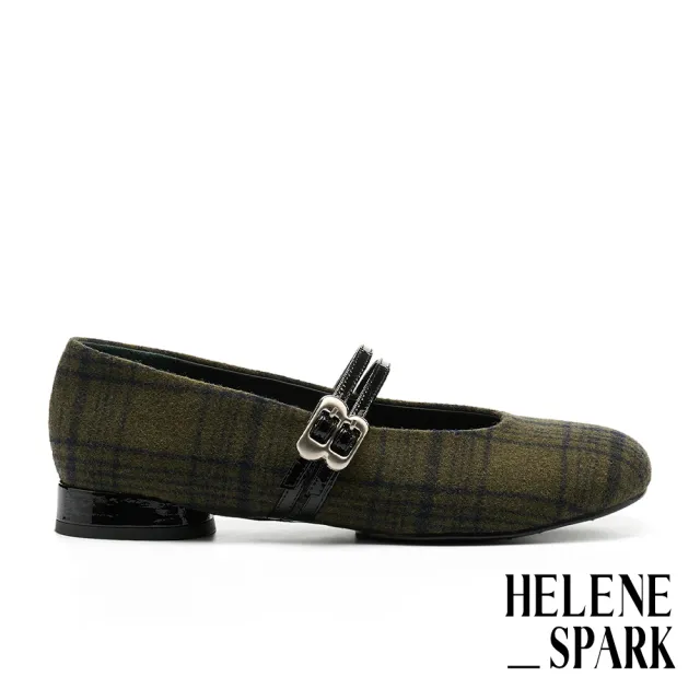 【HELENE_SPARK】復古優雅金屬釦雙繫帶格紋毛呢布瑪莉珍低跟鞋(綠)