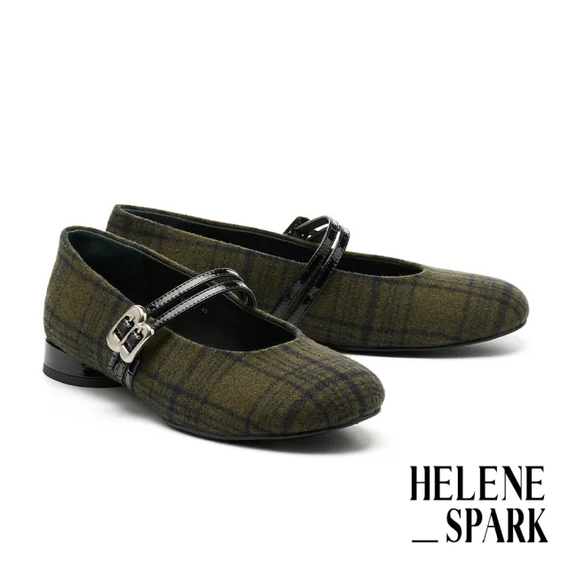 【HELENE_SPARK】復古優雅金屬釦雙繫帶格紋毛呢布瑪莉珍低跟鞋(綠)