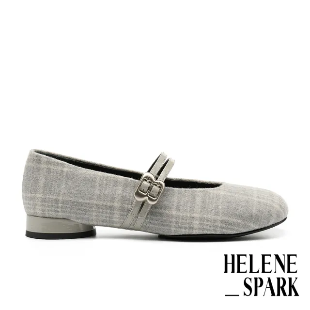 【HELENE_SPARK】復古優雅金屬釦雙繫帶格紋毛呢布瑪莉珍低跟鞋(灰)