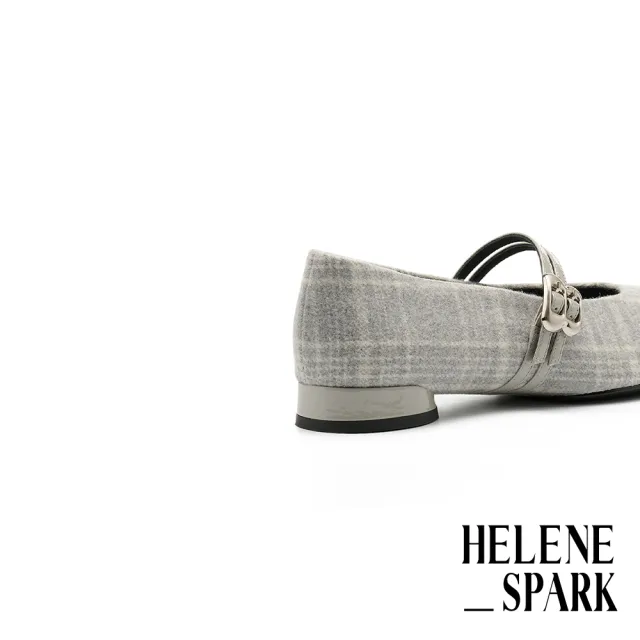 【HELENE_SPARK】復古優雅金屬釦雙繫帶格紋毛呢布瑪莉珍低跟鞋(灰)