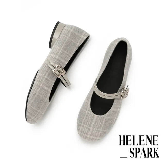 【HELENE_SPARK】復古優雅金屬釦雙繫帶格紋毛呢布瑪莉珍低跟鞋(灰)