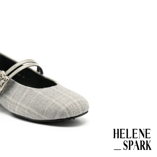 【HELENE_SPARK】復古優雅金屬釦雙繫帶格紋毛呢布瑪莉珍低跟鞋(灰)