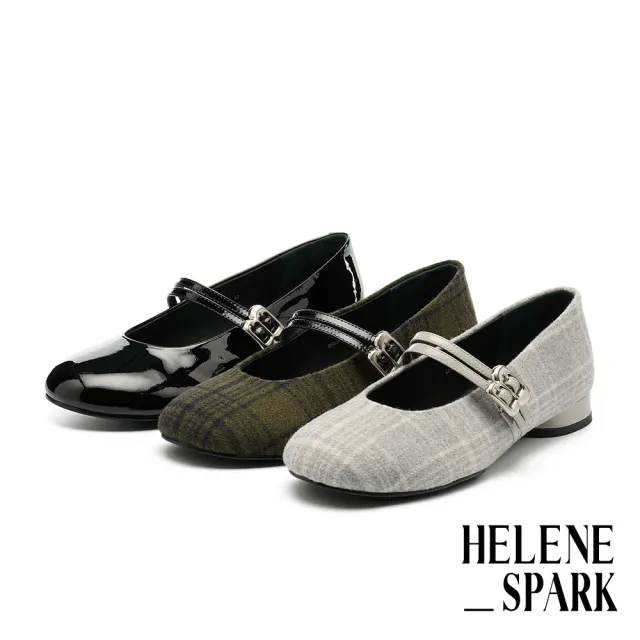 【HELENE_SPARK】復古優雅金屬釦雙繫帶格紋毛呢布瑪莉珍低跟鞋(灰)
