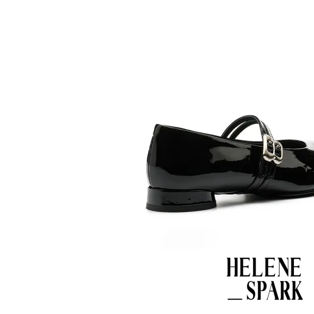 【HELENE_SPARK】復古優雅金屬釦雙繫帶軟牛漆皮瑪莉珍低跟鞋(黑)