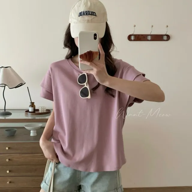 【Want-Meow】80公斤可穿/百搭簡約造型後蝴蝶結顯瘦寬鬆上衣大學T短袖T(大碼上衣/大碼/大尺碼/短袖上衣)