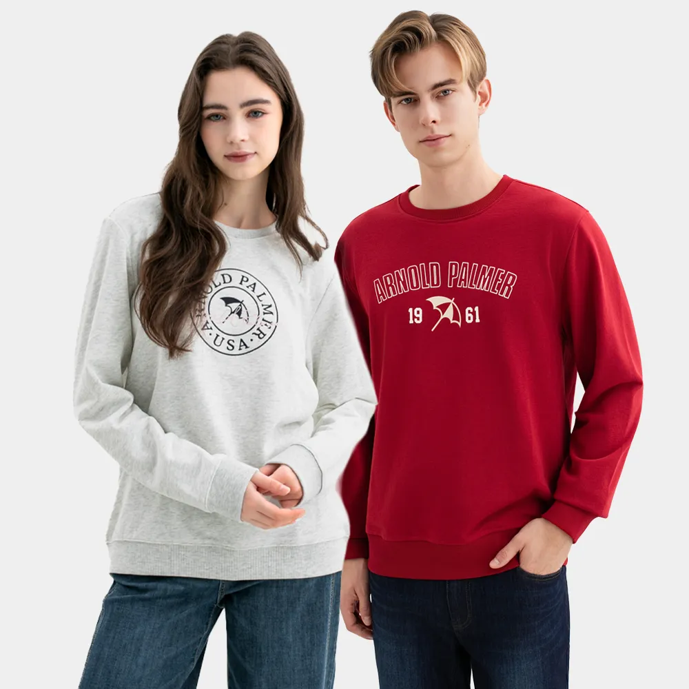 【Arnold Palmer 雨傘】男女裝-經典雨傘LOGO刺繡印花大學T(多款任選)