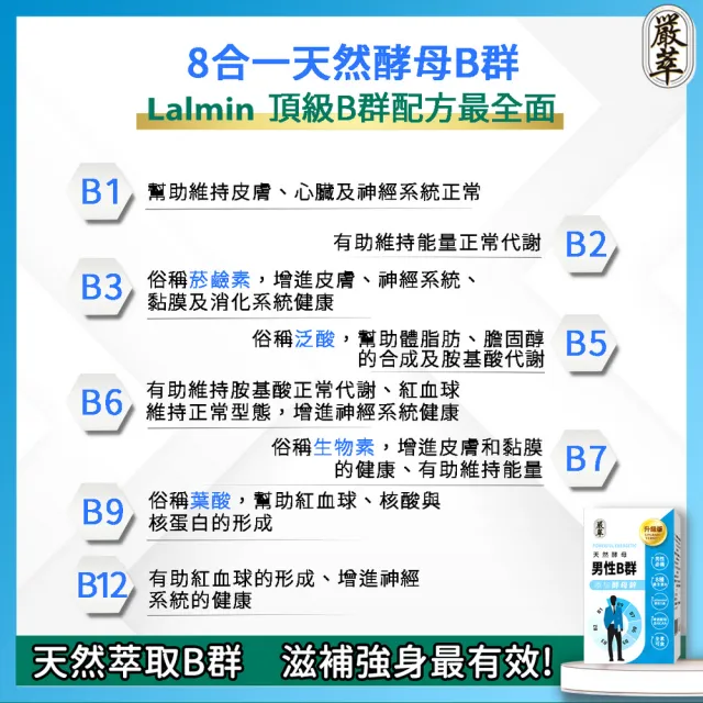【YEN TSUI 嚴萃】天然酵母男性B群-8種維生素B+鋅+BCAA-3入組/共90粒(升級添加酵母鋅．全素可食)