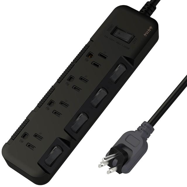 【iPlus+ 保護傘】5開4插3P防塵旋轉插頭延長線1.8M-黑傘消光系列(KU-3547S 斜面開關.台灣製.防火.抗雷擊)