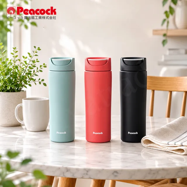 【日本孔雀Peacock】知性隨行 旋轉微笑馬克 不鏽鋼保溫杯-450ml-清晨灰(旋蓋即飲設計)(保溫瓶)
