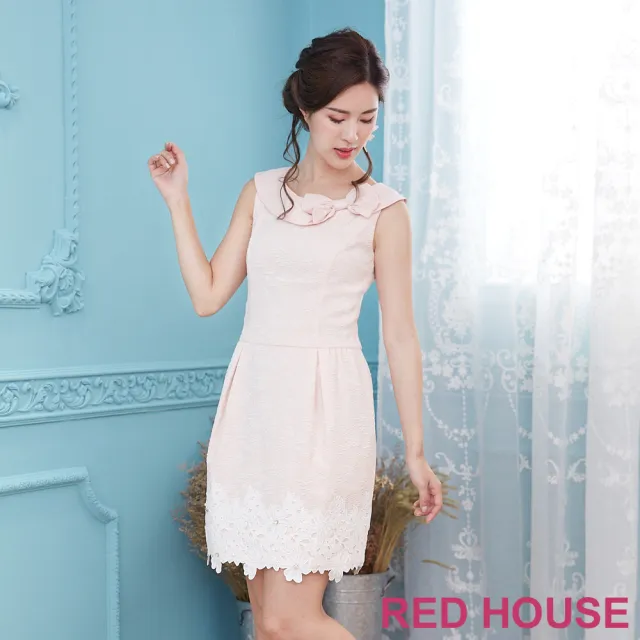 【RED HOUSE 蕾赫斯】復古圓領蝴蝶結無袖洋裝(粉色)
