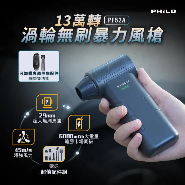 【Philo 飛樂】PF52A 13萬轉 渦輪暴力風槍 贈標準配件 (洗車吹水/露營生火/吹氣機/風槍/吹塵器/鼓風機)