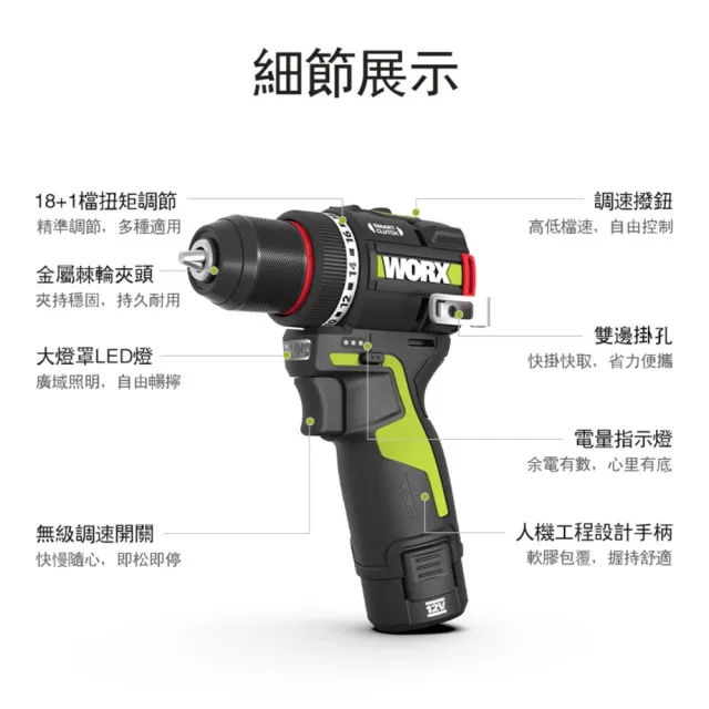 【WORX 威克士】12V 10mm 50 N·m 鋰電無碳雙速電鑽 WU135.1(電鑽 鋰電 無刷 起子電鑽 無刷夾頭電鑽)