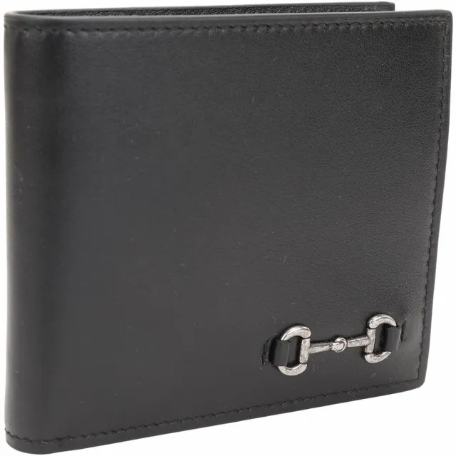 【GUCCI 古馳】Horsebit 馬銜扣4卡對開短夾(黑色)(皮夾 錢包)