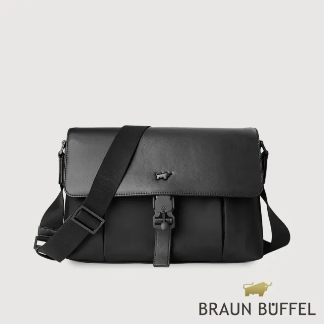 【BRAUN BUFFEL 德國小金牛】瓦拉頓-B 橫式大斜背包-黑色(BF594-TW62-BK) 男包送禮推薦