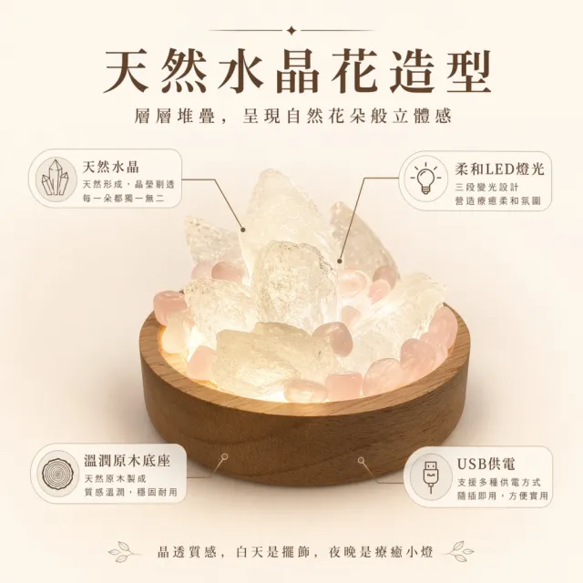【瑰麗寶】USB水晶花小夜燈 三色變光