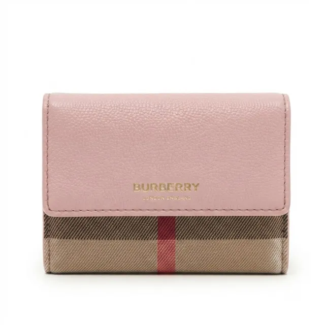 【BURBERRY 巴寶莉】Lancaster 燙金LOGO翻蓋三折短夾(粉色)