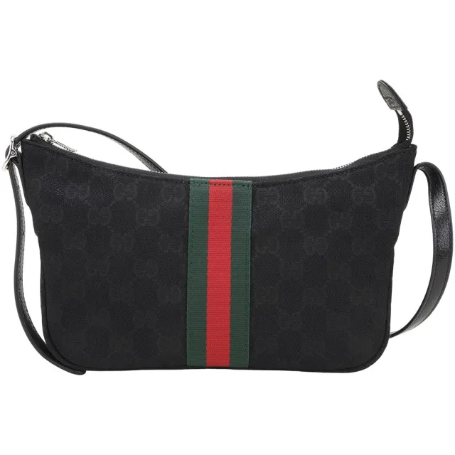 【GUCCI 古馳】Lunetta 小款 綠紅綠織帶老花帆布手提 肩斜背包(黑色)(月牙包 帆布包 側背)