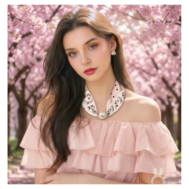 【WOONUE】貴婦高級磁扣絲巾項鍊珍珠樣式絲綢質感領巾圍巾項鍊(送禮母親節老婆媽媽女友閨蜜朋友姐妹禮物)