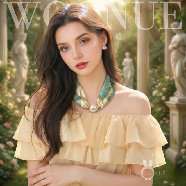 【WOONUE】貴婦高級磁扣絲巾項鍊珍珠樣式絲綢質感領巾圍巾項鍊(送禮母親節老婆媽媽女友閨蜜朋友姐妹禮物)