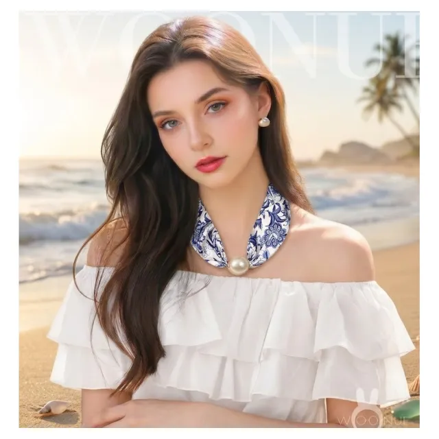 【WOONUE】貴婦高級磁扣絲巾項鍊珍珠樣式絲綢質感領巾圍巾項鍊(送禮母親節老婆媽媽女友閨蜜朋友姐妹禮物)