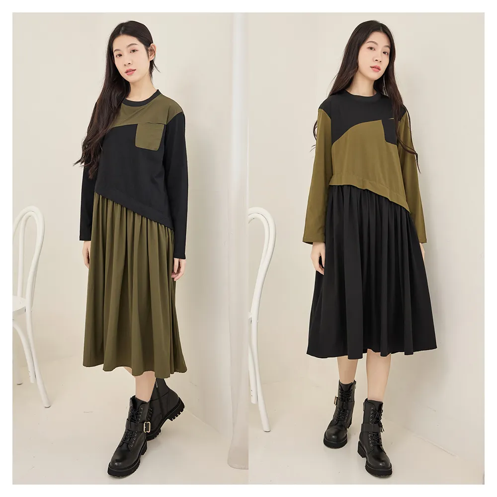 【iNio 衣著美學】洋裝 秋冬新品 現貨 假兩件 撞色拼接 長袖連身裙(CDW3703)