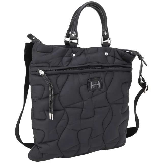 【HOGAN】展示品 黑色波浪H尼龍衍縫蓬鬆手提/肩背托特包(背面右提把銀釦非原廠)(義大利精品)