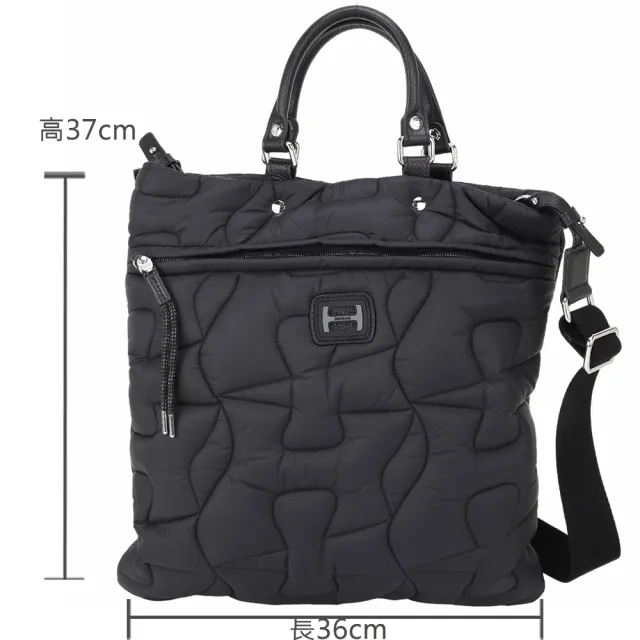 【HOGAN】展示品 黑色波浪H尼龍衍縫蓬鬆手提/肩背托特包(背面右提把銀釦非原廠)(義大利精品)