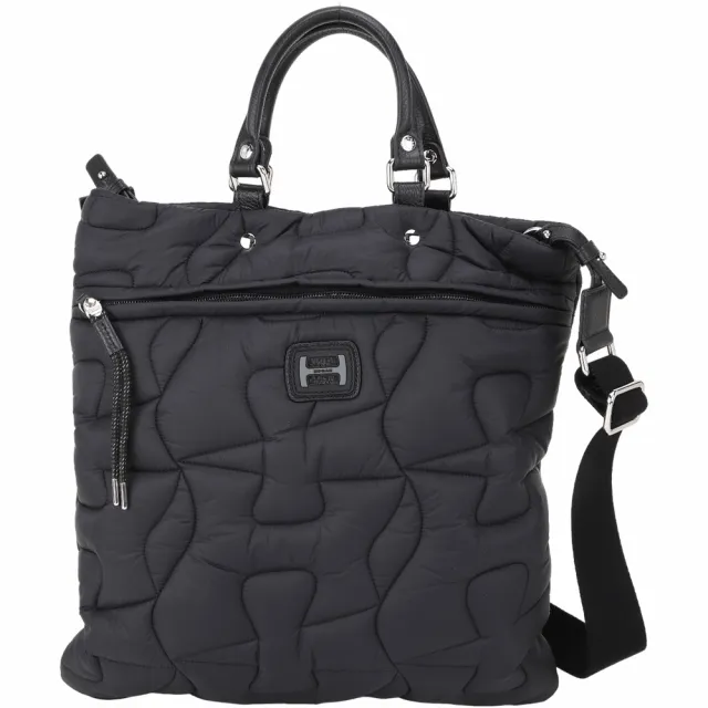 【HOGAN】展示品 黑色波浪H尼龍衍縫蓬鬆手提/肩背托特包(背面右提把銀釦非原廠)(義大利精品)